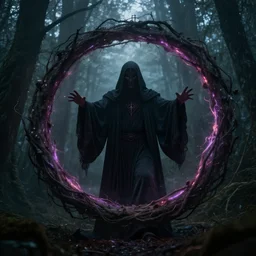 mystical figure in occult robes in a dark misty forest opens a portal to hell, highly detailed, epic
