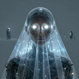 portrait, covered in transparent cloth, plastic, glowing eyes, flat background, masterpiece, glowing, wires everywhere, by edgar maxence and ross tran, zdzisław beksinski, and michael whelan, distant, gustav dore, h. r. giger, 8 k, octane render