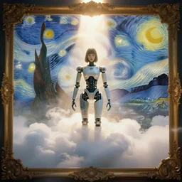a photo of a girl half robot, surrounded by clouds and mist, the sun shines brightly, volume light, cinematic light effect, super realistic, super wide angle, rococo ornament, cinematic, symmetrical, decorative frame, by victo ngai ， vincent van gogh, leon francois comerre, craig mullins, mucha, klimt, artstation