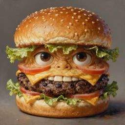 a monster with a hamburger head, hamburger face, burger head, burger with human eyes in the top bun, burger with a mouth, teeth between bread and patty, character concept art, fantasy drawing, illustration, highly detailed, hyperrealistic, cgsociety, artstation, oil painting by greg rutkowski