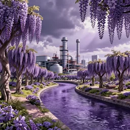 view of the from across the purple river of the robot factory in the wisteria forest by simon stalenhag and zaha hadid