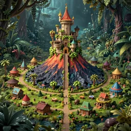 infographic map of beautiful Hyperrealistic vine castle on top of a volcano in the middle of a dark scary jungle, smaller colorfull shacks surround, macro lens, shallow depth of field, highly detailed, digital painting, trending artstation, concept art, illustration, cinematic lighting, vibrant colors, photorealism, epic, octane render