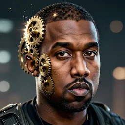kanye west in beeple styled gears of war, detailed face by beeple in the style of beeple, splash art, movie still, detailed face, photorealistic facial features, cinematic lighting, dramatic, octane render, long lens, shallow depth of field, bokeh, anamorphic lens flare, 8 k, hyper detailed, 3 5 mm film grain