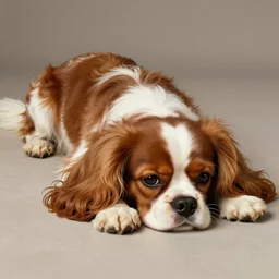 a cavalier king charles spaniel who is really bored, tired, lying on the floor, art by artgerm