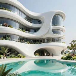 highly detailed futuristic architecture by Frank Lloyd Wright and Zaha Hadid, reflective lighting, digital vegetation, ground-level view, puddles turquoise of water, stunning sunny lighting, sunrise, vivid colors, in the style of pixar animation, trending on Artstation, 8k, matte painting, ray tracing, hyper detailed, unreal engine 5, cinematic, epic lighting, cryengine, octane render, cyberpunk, red and orange glow, vibrant
