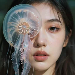 kodachrome, close up swirly portrait of the face of a beautiful princess a demon face with translucent nautilus jellyfish, porta 4 0 0, mutes colors of phoebe bridgers standing. beautiful organic, natural light, 8 0 mm