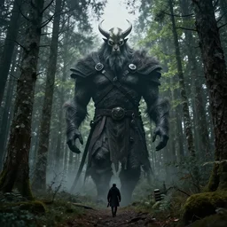 a giant eldritch Viking walking through a forest, extreme long shot