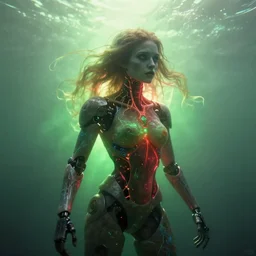 ( underwater ) middle length portrait of a living goo on a ( cyborg leshy girl with glowing veins ), cinematic light, looking to the side off camera, backlight glow, green bright red, mist, by mikhail vrubel, by philippe druillet, by peter elson, by gerald brom, muted colors, extreme detail, trending on artstation, 8 k
