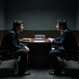 two men argue in a interrogation room, night time, dramatic lighting, noir film, fine details, high contrast, blacksad, kim jung gi, greg rutkowski, trending on artstation, 8 k, ultra wide angle