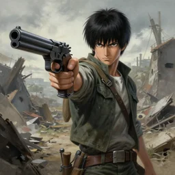 a painting of a character in a war torn environment holding a Gun by Shinji Aramaki, high detail, hyperrealistic, concept art, artstation, 8k,