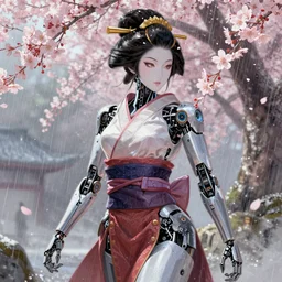 an epic fantastic realism comic book style portrait painting of a japanese robotic geisha, cherry blossom rain everywhere, apex legends,