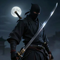 A shinobi holding a sword, moon in the distance, in the style of sekiro shadows die twice, highly detailed, 8k