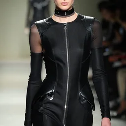 close up of a fashion model with black Thierry Mugler dress in cyberpunk style, official Thierry Mugler editorial,  fall-winter 2015-2016, highly detailed