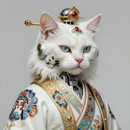 portrait of a fluffy white cat cyberpunk machine, machine face, robed, upper half portrait, decorated with chinese opera motifs regal asian machine robot cyberpunk fine china, wuxia, traditional chinese art intricate intense elegant highly detailed digital painting artstation concept art smooth sharp focus illustration, art by artgerm and greg rutkowski alphonse mucha 8 k