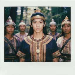 matte close - up portrait of tai smart and handsome warlords who assemble in the forest backlighting, ethnic costume, traditional decoration, elegant, loin cloth, highly detailed, 8 k, cinematic lighting, global illumination, ornate, super detailed, faded color polaroid, a colorized photo, colorized, # film, movie still