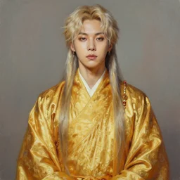 very detailed masterpiece painting of long hair Jimin from BTS as a golden robe monk from BTS, featured in artstation, concept art by Greg Rutkowski, WLOP, Dan Mumford, Christophe Vacher