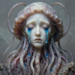 depressive medusa, beautiful face, crying blue gigantic tears, tubular creature, blood vessels, no face, dystopian surrealism, art style alex ries giger zdzisław beksinski, symmetry accurate features, stone marble, defined, sharp, very intricate details, high resolution, high quality