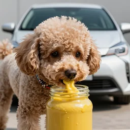 a closeup photorealistic photograph of a poodle eating from a glass jar of mustard. toyota prius is in the background. professional capture. brightly lit scene. this 4 k hd image is trending on artstation, featured on behance, well - rendered, extra crisp, features intricate detail, epic composition and the style of unreal engine.
