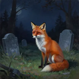 a hauntingly beautiful painting by greg rutkowski and thomas kinkade of a fox sitting in a graveyard at night, trending on artstation.