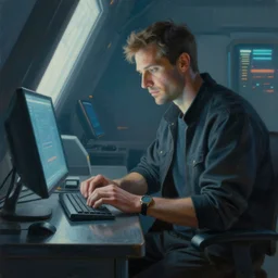 painting by donato giancola, cyberpunk technician engineer