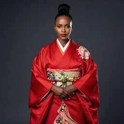 portrait of attractive dark - skinned tanzanian woman wearing regal japanese ceremonial attire, red dress, intricate details, red dress, ultra - realistic, studio lighting, contrasting background, editorial photography by greg rutkowski