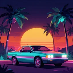 vaporwave vector art 8 0 s car, night sky, polygon palm trees, neon lights, orange sunset background
