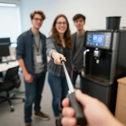 a selfie with a selfie stick of three vaguely inappropriate machine learning geeks standing next to the coffee machine in the office