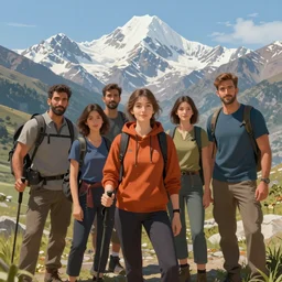 close up photo of team in Armenia hiking at a weekend and posing with mountains on the background, elegant, highly detailed, digital painting, volumetric light, artstation, concept art, smooth, sharp focus, illustration