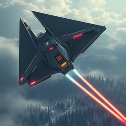 futuristic angular warship spaceship designed by apple with laser cannonsiin battle above the tundra forest art by greg rutkowski and paul ozzimo, epic fantasy sci - fi volumetric light game art clear focus detailed unreal engine digital art trending on artstation deviantart octane render,