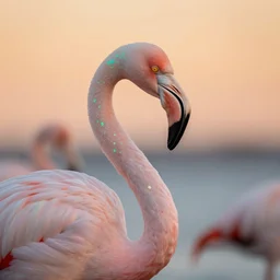 beautiful photo of a flamingo with opal pattern feathers, wildlife photography, sunset background, 4 k, photorealistic, detailed, photographed by marina cano