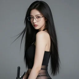 a beautiful + long hair + cool glasses + holding weapon + tights + ana de armas, beautiful and smooth soft light, grey background, cinematic lighting, photography, realistic photo, 7 0 mm lens, 4 k, highly detailed, instagram,