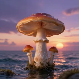 A magic mushroom sprouting from the sea with the sunset in the background in rococo style.