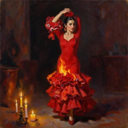 cubism oil painting of spanish flamenco dancer in mallorca wearing a red dress made of flowers that's on fire, dimly lit by candles on the ground, looking away, dark shadows, photo realistic, extreme detail skin, no filter, slr, 4 k, high definition