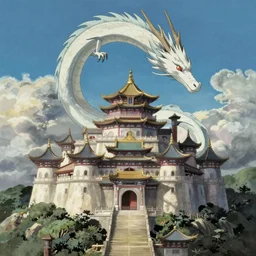 a palace on a mountain, a white dragon flying in the sky, miyazaki's animated film