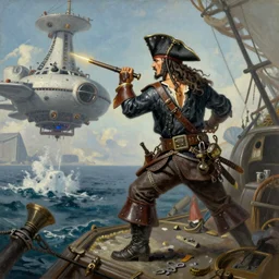 A steampunk pirate attacks a spaceship. Oil painting