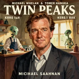 poster artwork by Michael Whelan and Tomer Hanuka, Karol Bak of portrait of Michael Shannon!! the local mechanic clerk discovering aliens, from Twin Peaks, clean, simple illustration, nostalgic, domestic, full of details