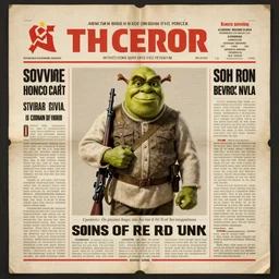 soviet newspaper with portrait of shrek, soviet sniper of red army, with rifle, ww 2, retro