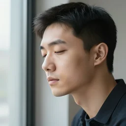 a man stares out of the window, his left eye is closed and his right eye is open. the cityscape is green, grassy and winding.