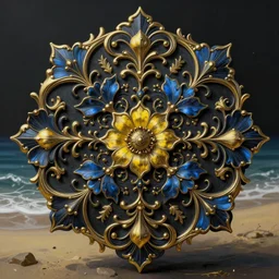 black blue yellow beach, complicated gold and blue flowers the baroque style decoration, dark fantasy, intricate, elegant, highly detailed, digital painting, artstation, concept art, matte, 3 d 8 k octane rendered, sharp focus, illustration, octane rendered, art by artgerm