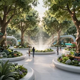 detailed science-fiction art on artstation, Luma gardens, Schelling Party, sunlight through trees at dusk,  light-show, people at a cosmic party, music, vibrant, futuristic+utopian architecture