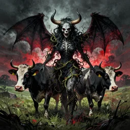 demon with vines attached to cows field scary dark splash art graphic design color splash high contrasting art, fantasy, highly detailed, art by greg rutkowski