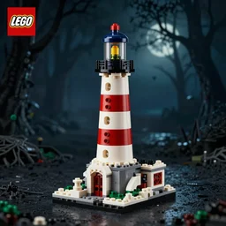 a lighthouse lego set, extremely detailed, 8 k, eerie, nighttime, promo photo,