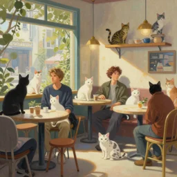a mixed media closeup portrait painting of the interior of a cat in an aesthetic cat - themed cafe, cats everywhere, minimalist, by frank frazetta, thomas kinkade, greg rutkowski, beeple, yoko taro, christian macnevin, beeple, wlop and krenz cushart, epic fantasy character art, volumetric outdoor lighting, midday, high fantasy, cgsociety, cheerful colours, full length, exquisite detail, post - processing, masterpiece, cinematic