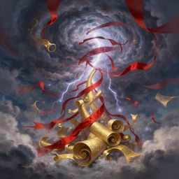 Storm of red ribbons, gold scrolls, swirls, whorl. Clouds, lighting. Fantasy, digital painting, HD, 4k, detailed, vibrant.