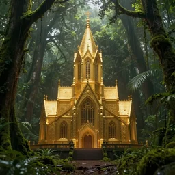a golden cathedral in the middle of a rain forrest, moss, moist, symmetry, octane, soft render, intricate, blender art, the golden ratio, mysticism, cinematic, concept art