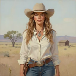 a matte painting of sofia vergara wild west woman, oil painting, pale colors, high detail, 8 k, wide angle, trending on artstation,