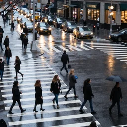 a busy crosswalk on a rainy street in new york with lots of people walking around at night with advertisement neon lights on the buildings around it, painting by banksy, banksy art, high detail, smooth, beautiful, aesthetic,