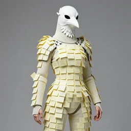 female adventurer in tight full - body sticky note chainmail - style armor made out of several hundred sticky notes and a white porcelain crow mask, trending in artstation, japanese, artstation, establishing shot