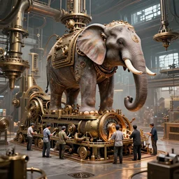 digital art of workers working on a gigantic steampunk machine that creates robot elephants, art station