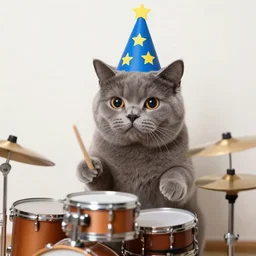 derpy gray cat playing drums, in a blue wizard party hat with yellow stars on it